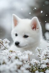 Obraz premium A small white dog sitting in a field of flowers