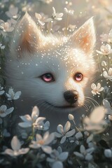 Obraz premium A white dog with pink eyes in a field of flowers