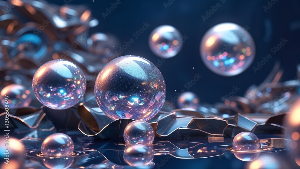 Poster abstract design featuring transparent spheres reflecting light on a textured surface in a dark envir