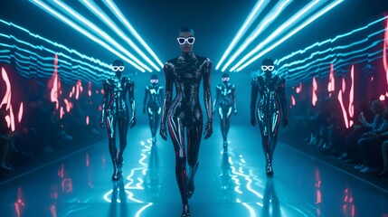Futuristic models walking on runway in neon lit show. Generative ai illustrations