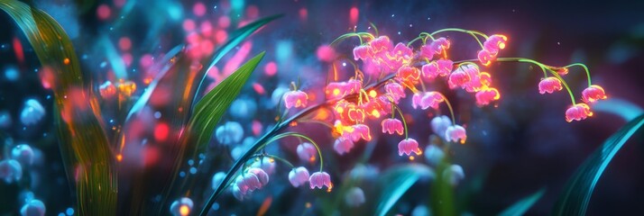 Delicate lily of the valley flowers emanate a soft glow against a vibrant, swirling abstract backdrop, creating a dreamy and ethereal atmosphere