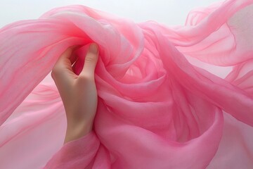 A hand gently caresses a flowing, sheer pink fabric, showcasing its delicate texture and soft color.