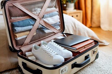 Packing a stylish suitcase for a travel adventure with essentials neatly arranged inside