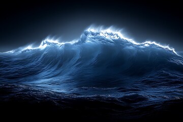 Fototapeta premium A giant wave glows under the moonlight in a dark and moody ocean.