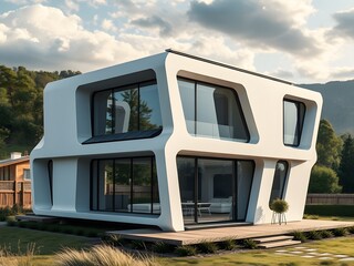 A futuristic style house design with glass windows