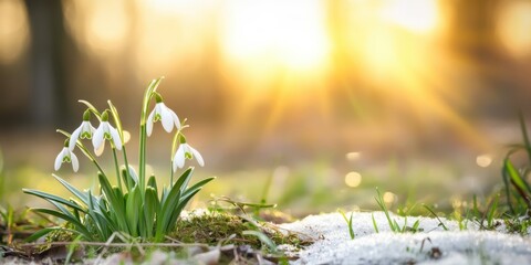 White snowdrops with green leaves emerging from winter snow, bathed in soft warm light, against a blurred forest backdrop. A serene and natural spring renewal scene.