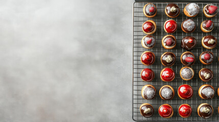 A cooling rack filled with a variety of delicious glazed éclairs, resting on a grey table. The éclairs, topped with different colorful and glossy glazes, offer a tempting array of textures and flavors