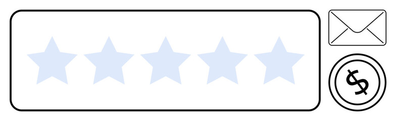 Five empty stars for user ratings, envelope for communication, and currency icon for financial transactions. Ideal for feedback, customer service, e-commerce, ratings, communication, value