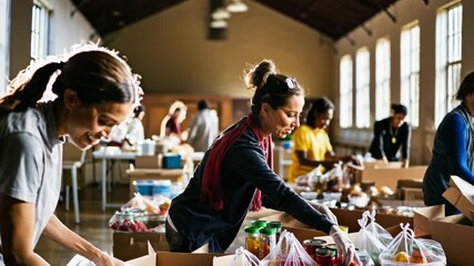 Volunteers pack food in a community center. The video captures a warm, collaborative atmosphere from a side angle, highlighting teamwork and service.