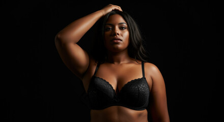 Fototapeta premium A plus size woman wearing a black bra. She is standing in front of a black background.