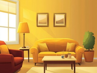 A bright and cozy living room with yellow and red tones