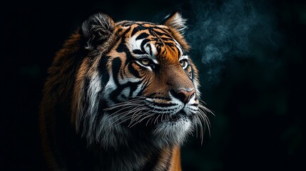 Fototapeta premium A close up of a tiger with smoke coming out of its mouth