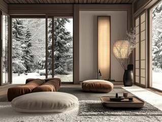A cozy modern living room overlooking a snowy landscape