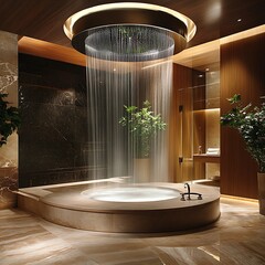 Relaxing shower featuring stylish waterfall effect and glass panels high resolution picture
