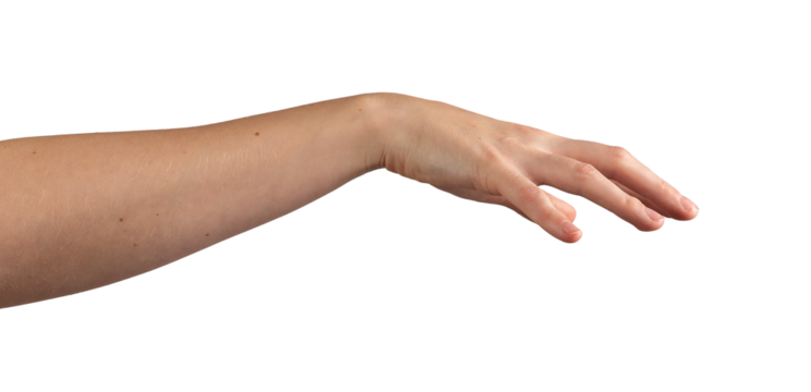 Hand gesture in motion, reaching forward, fingers delicately hovering, interacting with something invisible. Smooth skin, natural pose, slightly curved fingers suggesting control and manipulation.