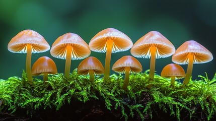 Fototapeta premium A group of small orange mushrooms sitting on top of a moss covered log