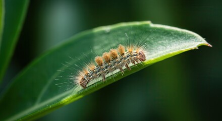 Fototapeta premium Caterpillar Resting on Green Leaf in Natural Habitat Close Up
