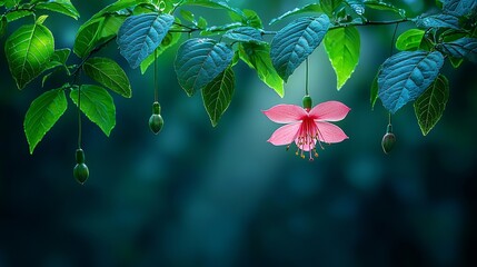 A pink flower on a tree branch with green leaves