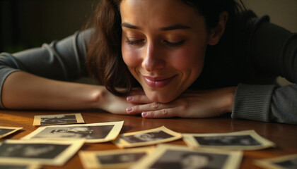Smiling woman gazing at vintage photos on table. AI image