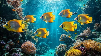 Naklejka premium A group of yellow fish swimming over a coral reef