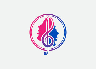 Treble Clef with head, Singer Vocal Choir with Music Notes , Singing Karaoke Woman Face Silhouette logo design