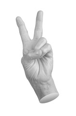 Hand gesture showing victory or peace sign. Wrinkled, aged fingers making V symbol, expressing success and agreement. Senior pensioner in monochrome pose. Isolated on white background.