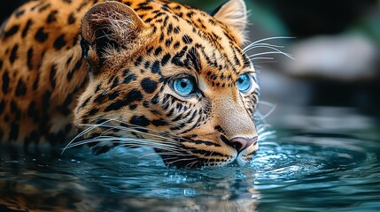  A close up of a leopard's face in the water