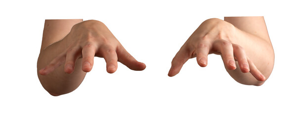 Hands in motion, reaching forward, fingers slightly curved, palms open, hovering over an unseen...