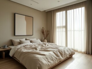 A bright modern bedroom featuring bed with decorative neutral tones