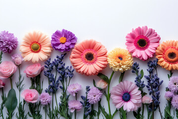 colorful daisies on a white background with copy space, border design.