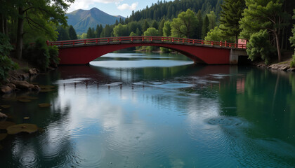 Fototapeta premium Shimmering bridge arches over teal river, symbolizing connection