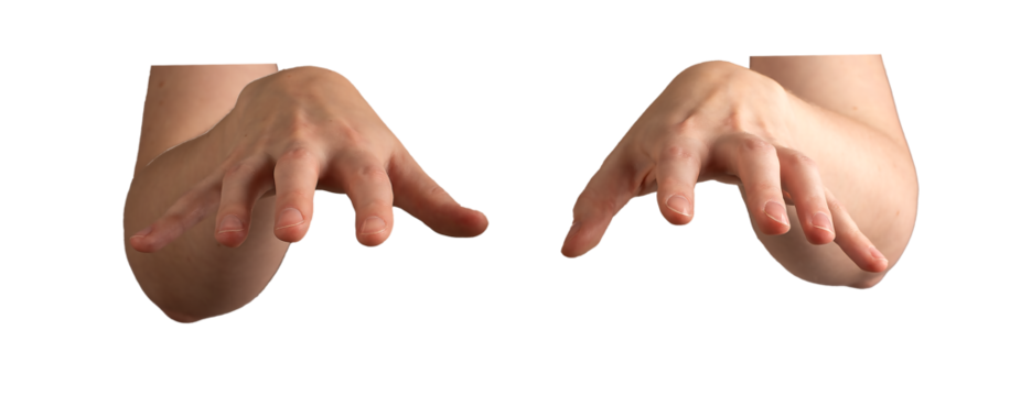 Hands in motion, reaching forward, fingers slightly curved, palms open, hovering over an unseen object. A relaxed gesture, appearing magical, casting a spell. Woman s smooth skin, youthful expression.