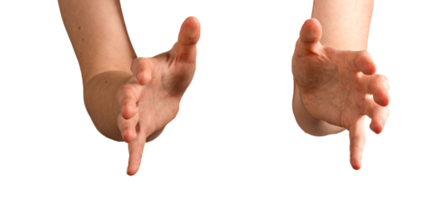 Hands open, reaching forward, presenting and offering an invisible object. Fingers spread, palms facing up, creating a welcoming gesture. Both hands positioned symmetrically, catching something unseen