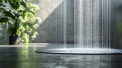 Relaxing rain shower in stylish bathroom with lush green plants high resolution picture