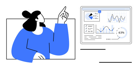 Woman pointing at analytics dashboard with charts, pie graphs, and performance metrics. Ideal for business, analytics, strategy, goal tracking, education, teamwork flat simple metaphor