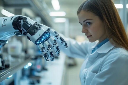 A female scientist interacts with a robotic hand in a futuristic lab setting, showcasing technological advancements in artificial intelligence and robotics.