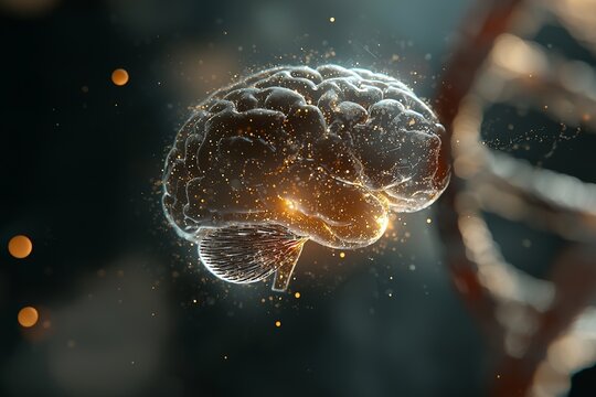 D illustration of human brain activity or stimulation in relation to DNA