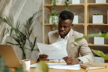 A focused business professional wearing formal attire reviews paperwork at a desk in an office setting, surrounded by lush greenery, creating a harmonious and productive workspace.