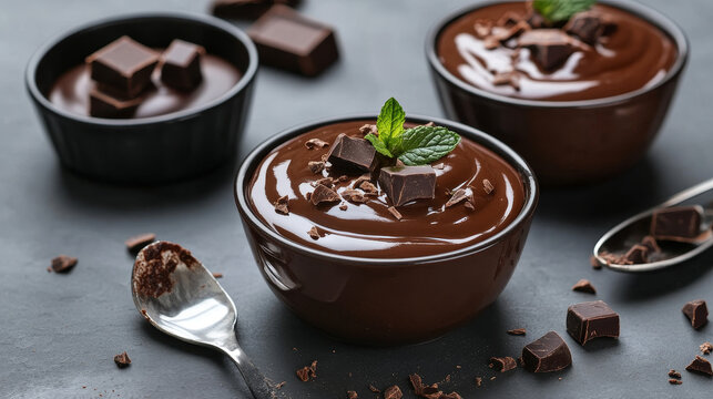 A delicious bowl of Supangle dessert, a rich chocolate pudding with a semi-solid, semi-liquid consistency, sits on a gray background. Its velvety texture and deep chocolate color create an inviting, i