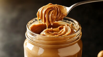 Jar of creamy peanut butter with a swirl on top a spoonful dripping thickly emphasizing rich texture and a nutty aroma under warm kitchen lighting