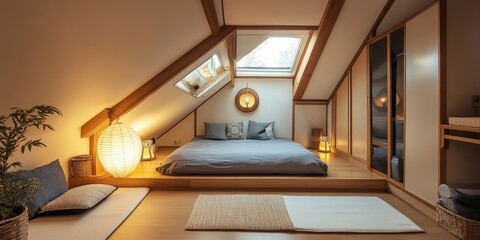 Serene bedroom interior with platform bed and natural light fixtures
