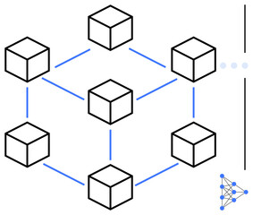 Interconnected cubes linked by blue lines symbolizing a blockchain network. Ideal for technology, data sharing, decentralization, cryptocurrency, security, digital transactions, and innovation. Flat