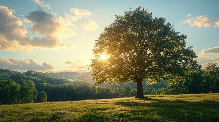 Fototapeta premium A lone tree in the middle of a grassy field at sunset