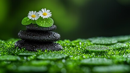 A stack of black stones with two white daisies on top of them