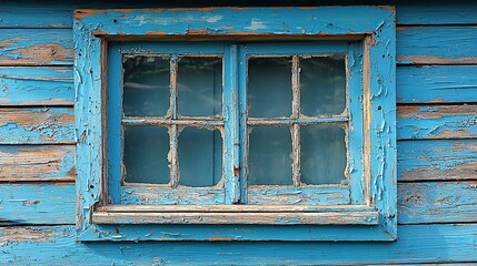 A blue window on a blue wooden building with peeling paint