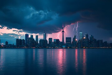 Fototapeta premium Dramatic thunderstorm over modern city skyline at night, lightning illuminating dark storm clouds above illuminated buildings, reflecting on calm water