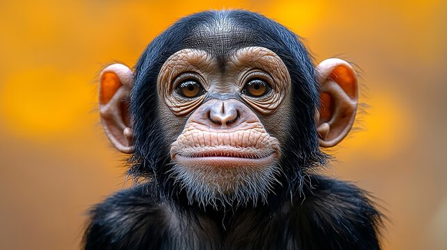 A close up of a baby chimpanzee looking at the camera
