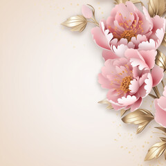 Floral design with pink peonies and golden leaves on beige background