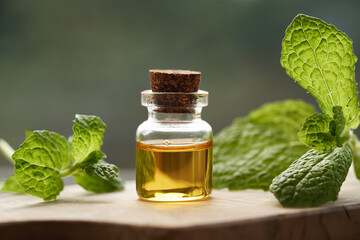 A bottle of essential oil with mint plant
