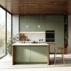 Modern kitchen design featuring green cabinets wooden accents and large windows